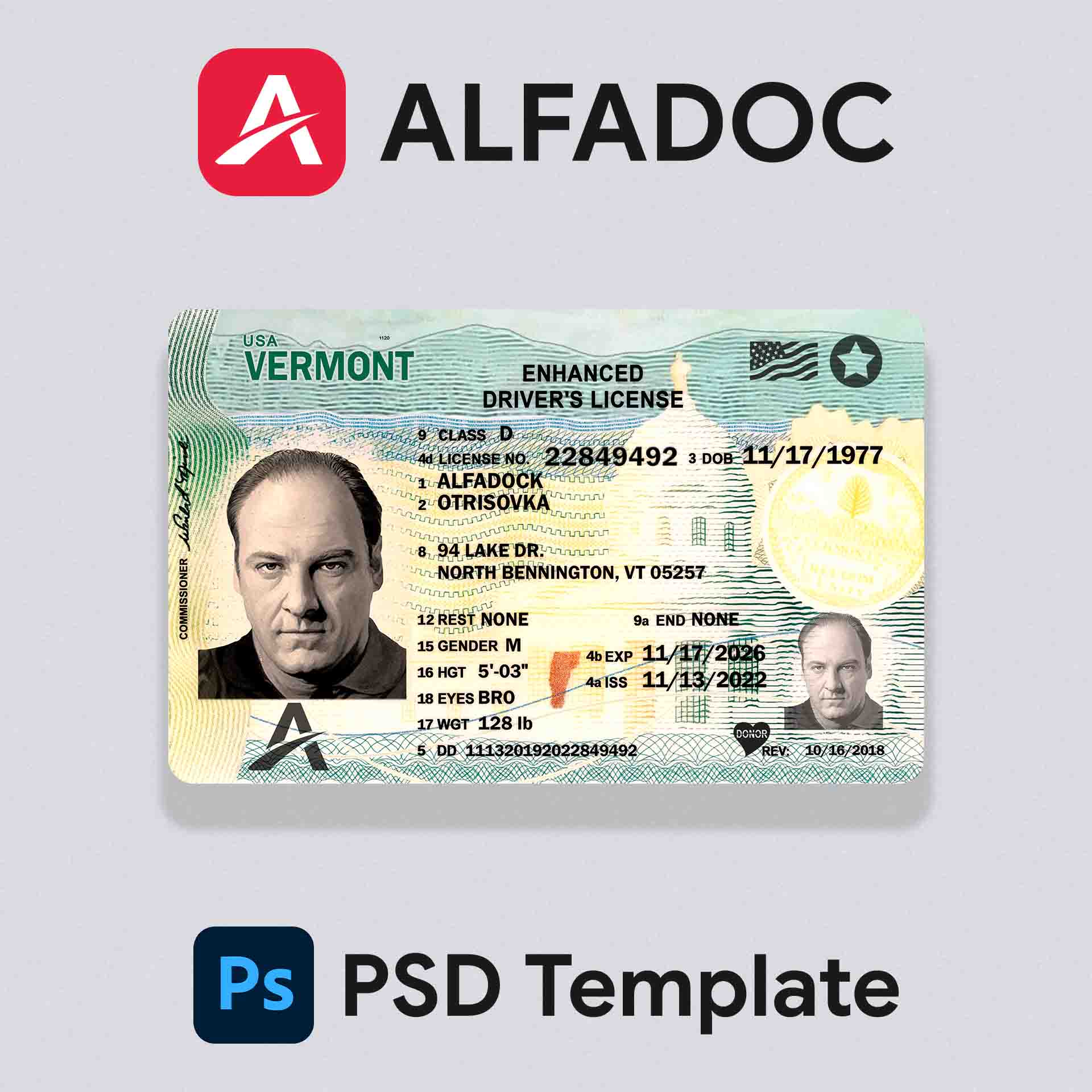 United States - Vermont Enhanced DL Card  PSD Template